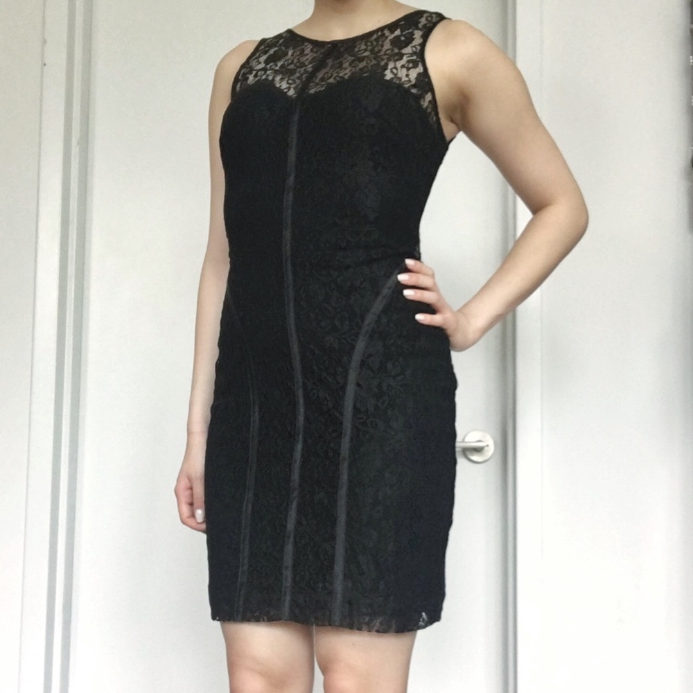Bebe Lace Overlay Dress with Silk Trim/Contour